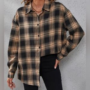 Plaid Button-Up Shirt - Black and Tan